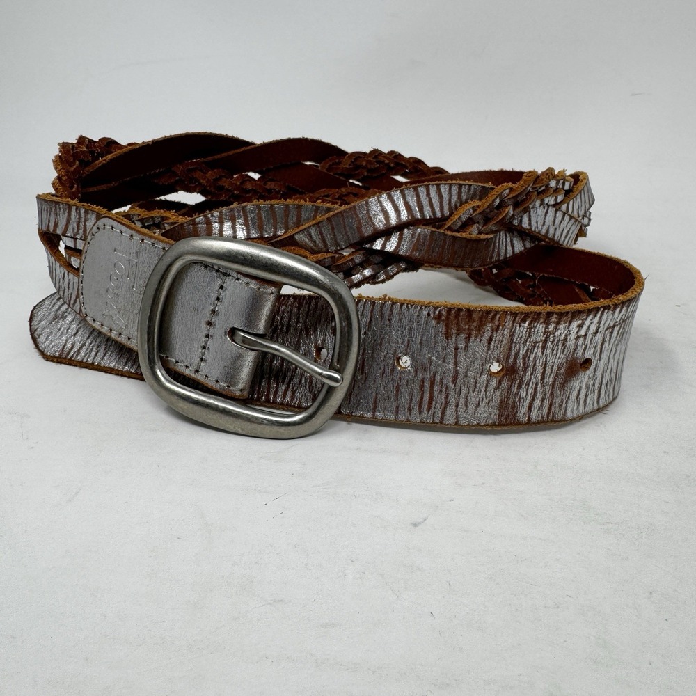Fossil Womens Silver Metallic‎ Braided Leather Belt Size Large Boho Genuine